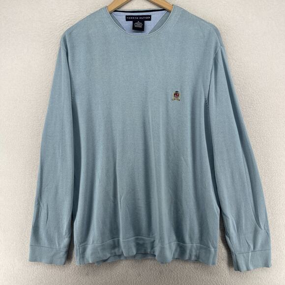 TOMMY HILFIGER Sweater Mens M Crest Pullover Jumper VTG 90s 100% Cotton Blue - Picture 1 of 12